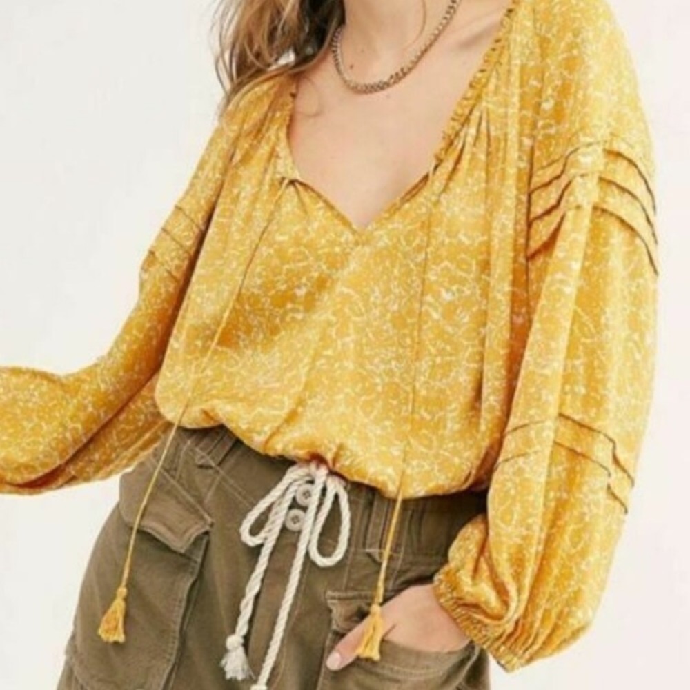 Free People All Tucks Printed Bodysuit Yellow Boho